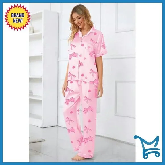 Satin Pajama Set Short Sleeve Button Down Lounge Wear Women's - Picture 6 of 8